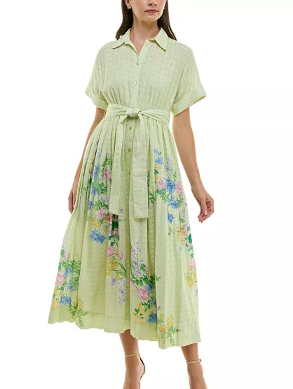 Taylor NWT Green Eyelet Embroidered Belted Cotton Shirt Dress